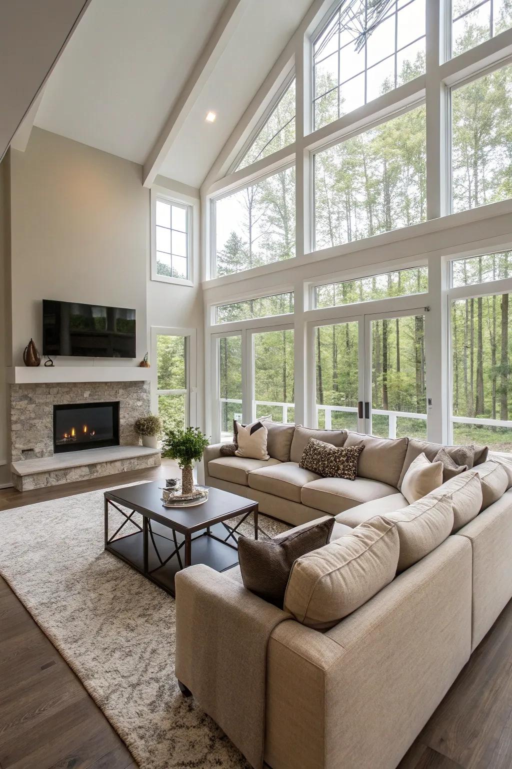 An open concept living room defined by an L-shaped sectional.