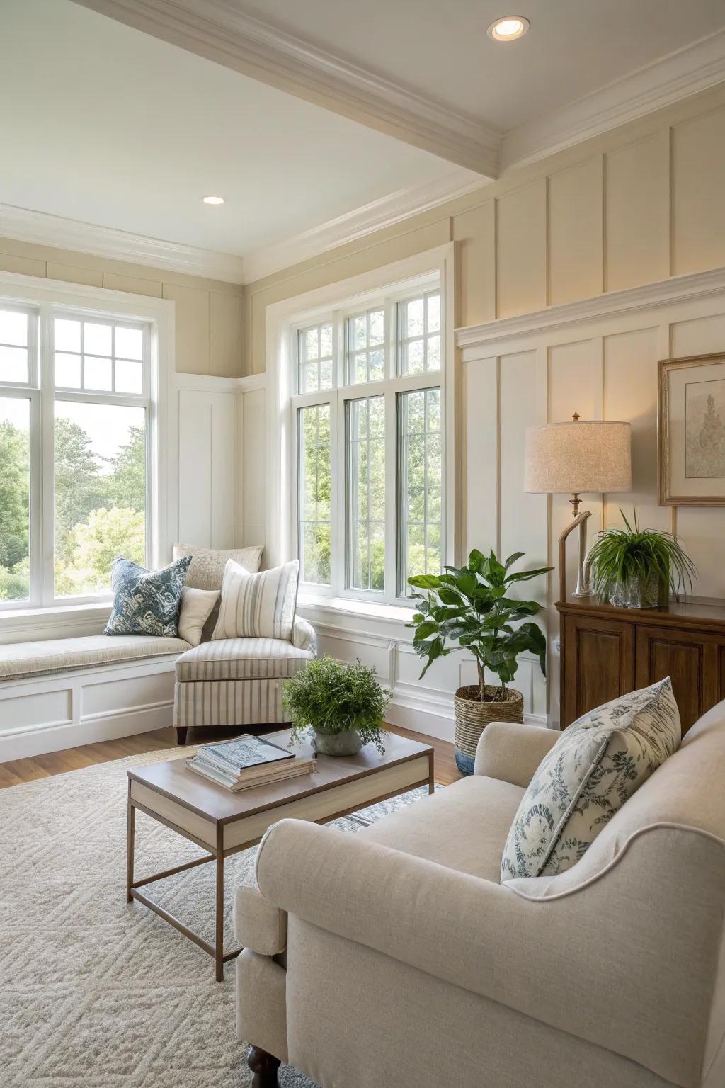 Neutral shades throughout a sectioned-off component of the partition generate a tranquil residing atmosphere.