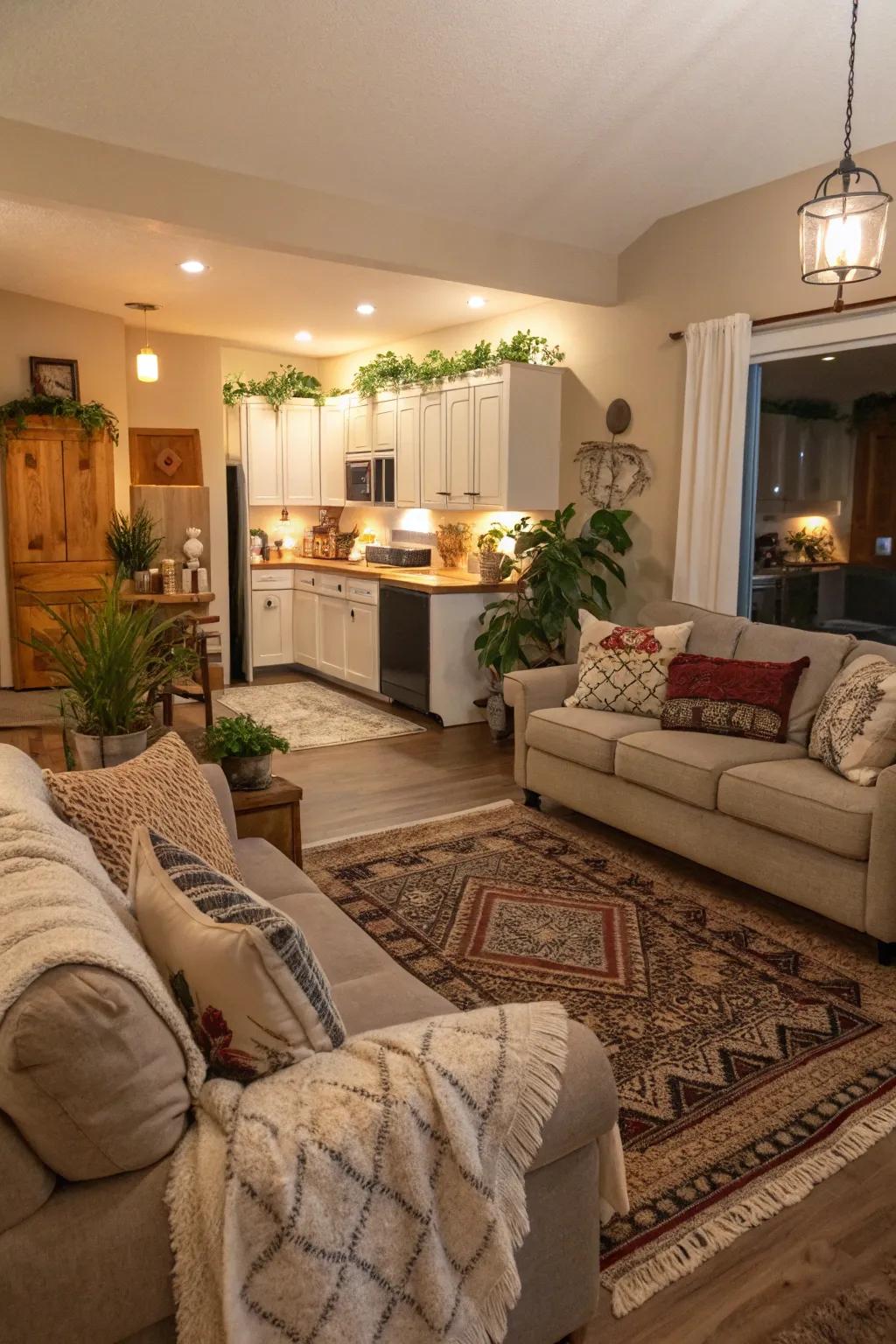 Cozy elements like rugs and pillows create a warm atmosphere.