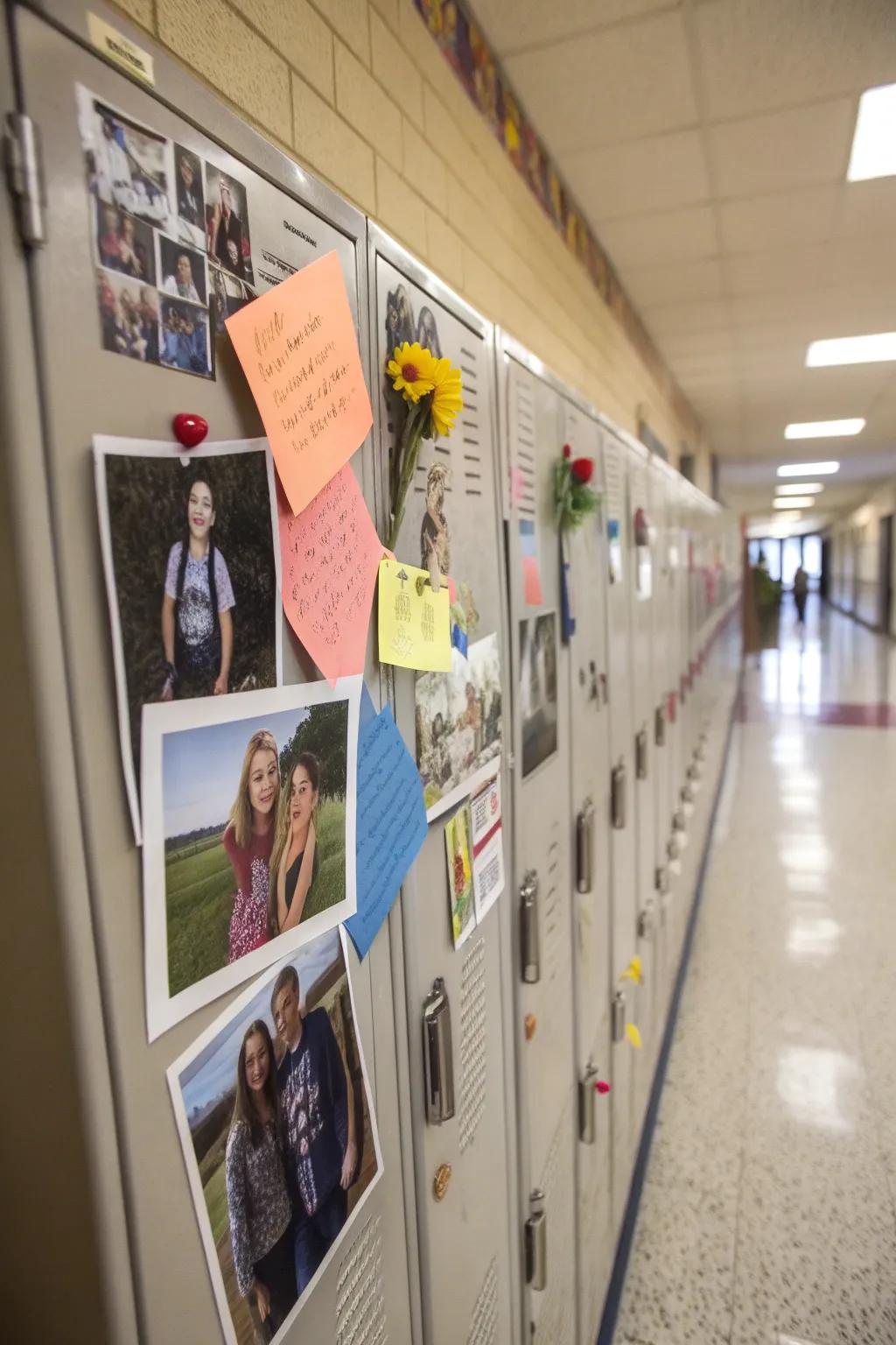 A locker adorned with personal photos and inspirational quotes for a personal touch.