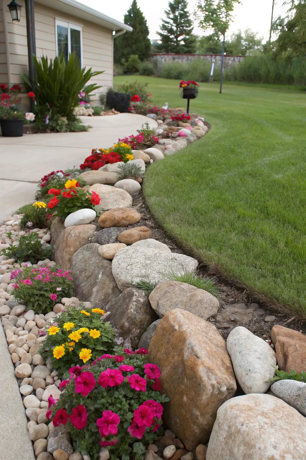 Rocks serving as natural borders for defined spaces.