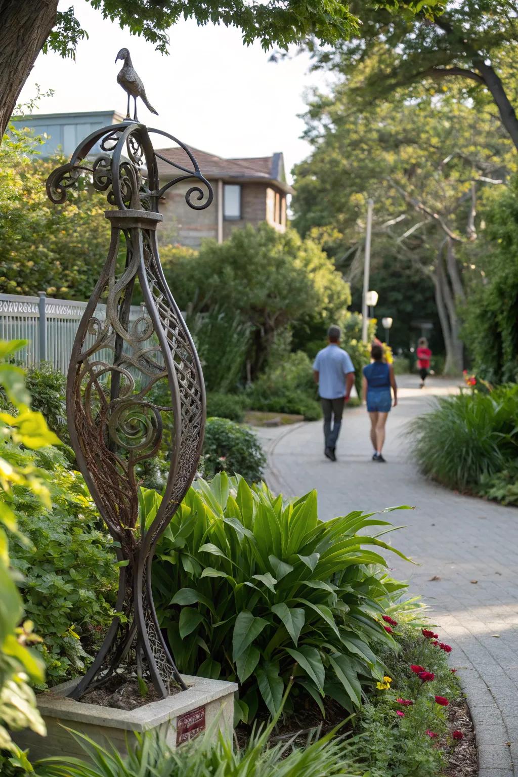 Artistic sculpture adding character to the entrance.