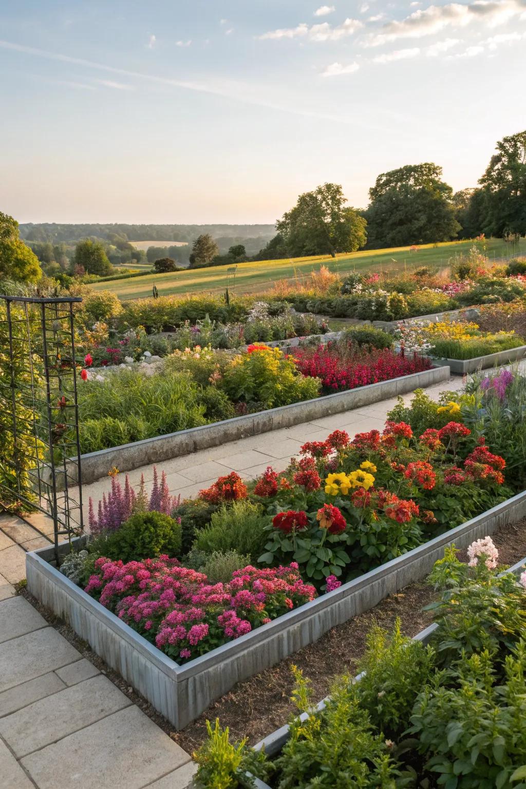 Metal edging frames and highlights beautiful plant displays.