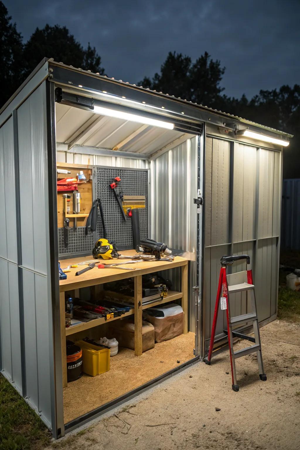 A retractable table extends a malleable work expanse within the outbuilding.