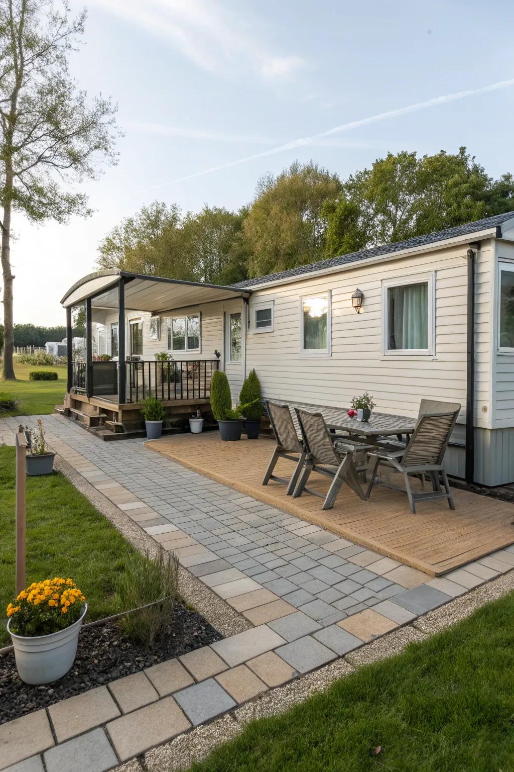 A welcoming paved patio area with outdoor furniture beside a mobile home.