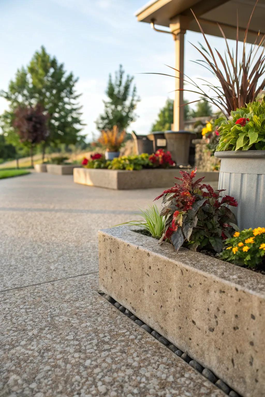 Built-in planters add life to an aggregate patio.