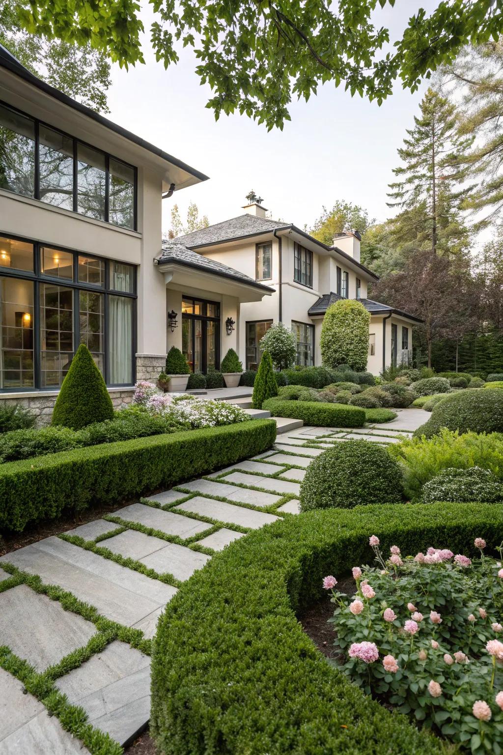 A lush garden that beautifully complements the modern architecture.