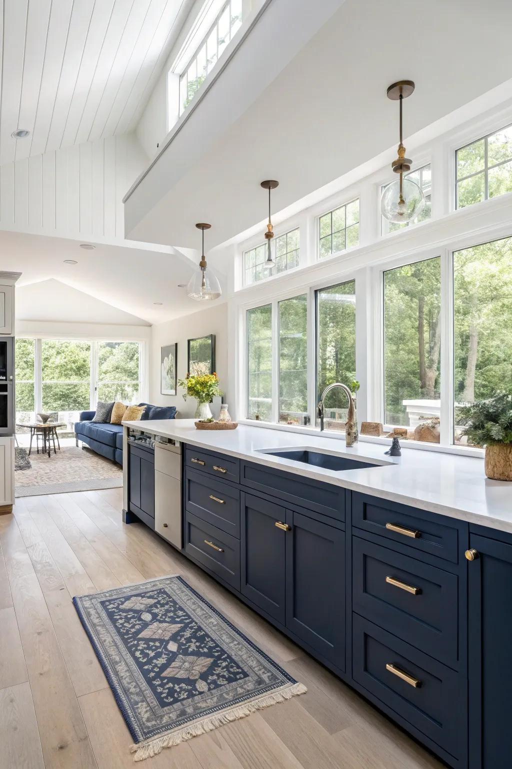 An open layout allows navy blue cabinets to be the star without feeling cramped.