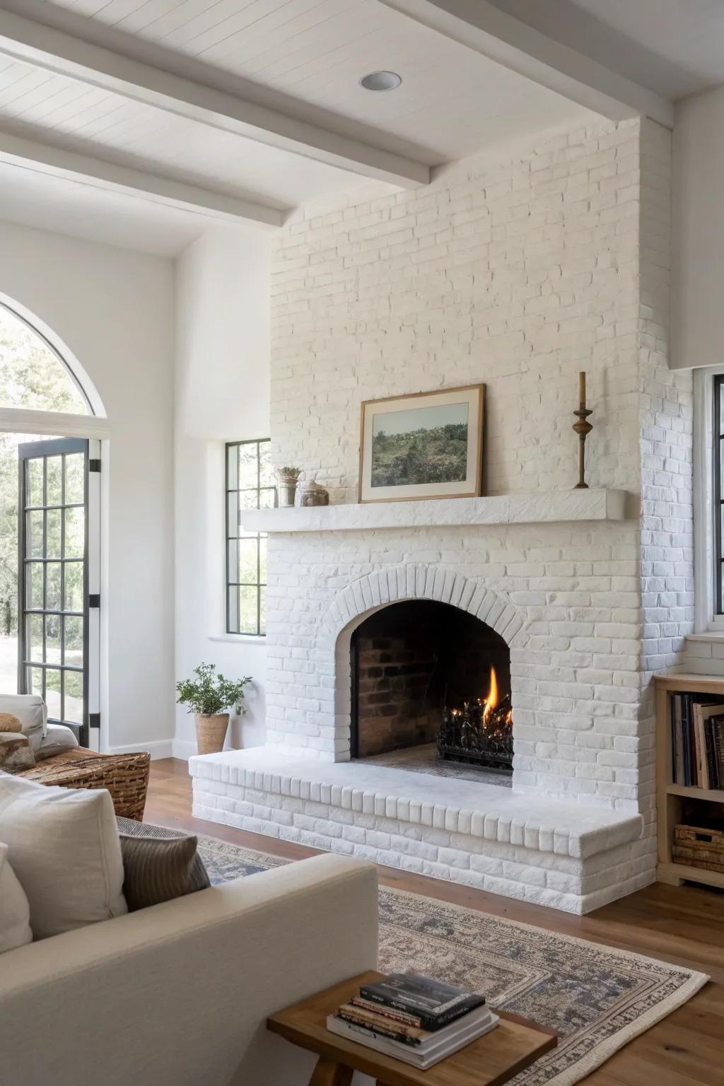 White painted brick fireplace epitomizes minimalist chic.