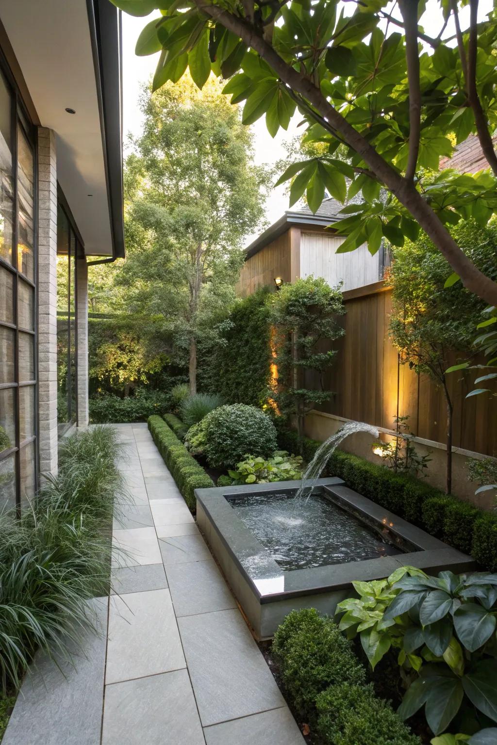 A water feature adds serenity and visual interest.