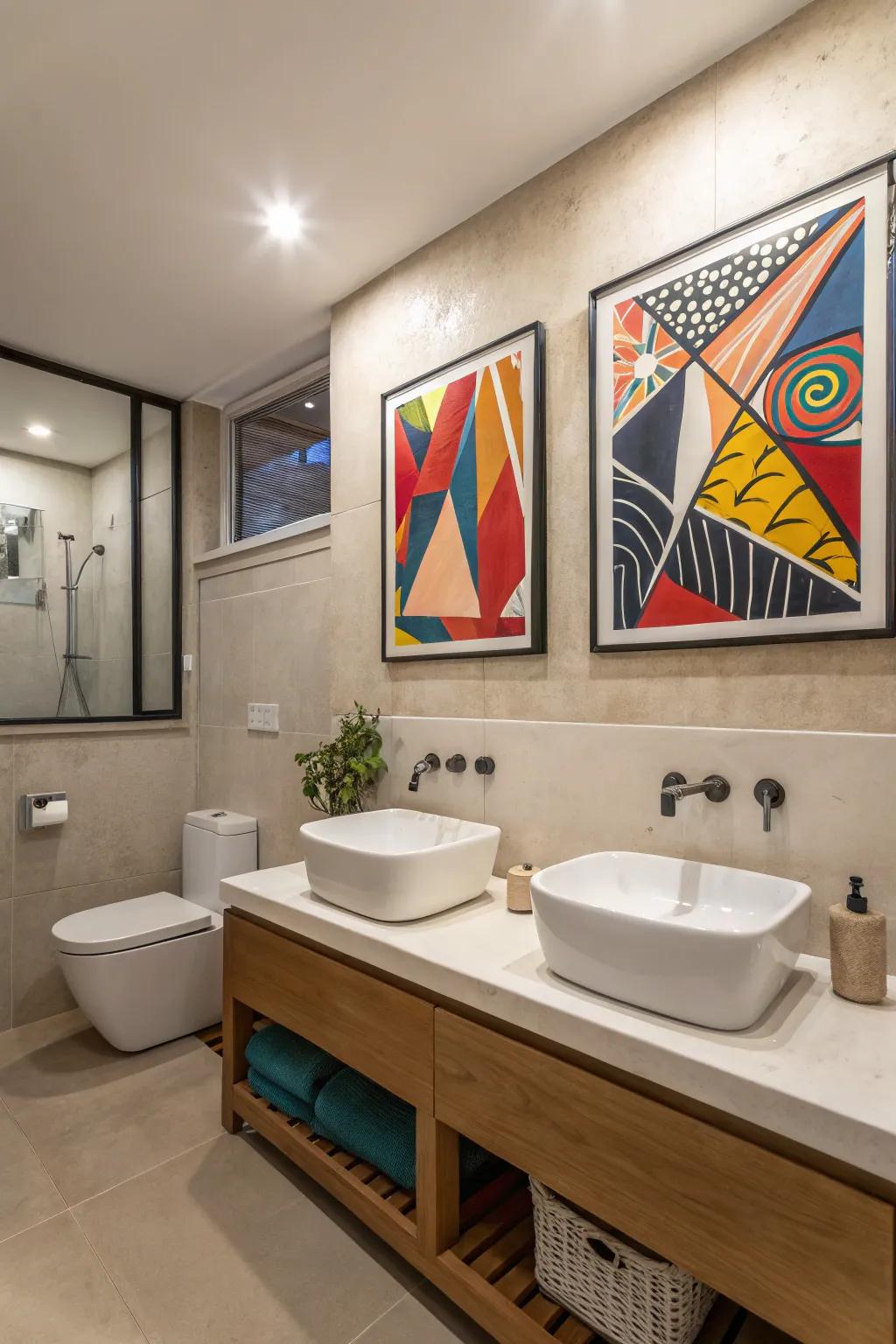 Artistic elements infuse personal style into moody bathrooms.