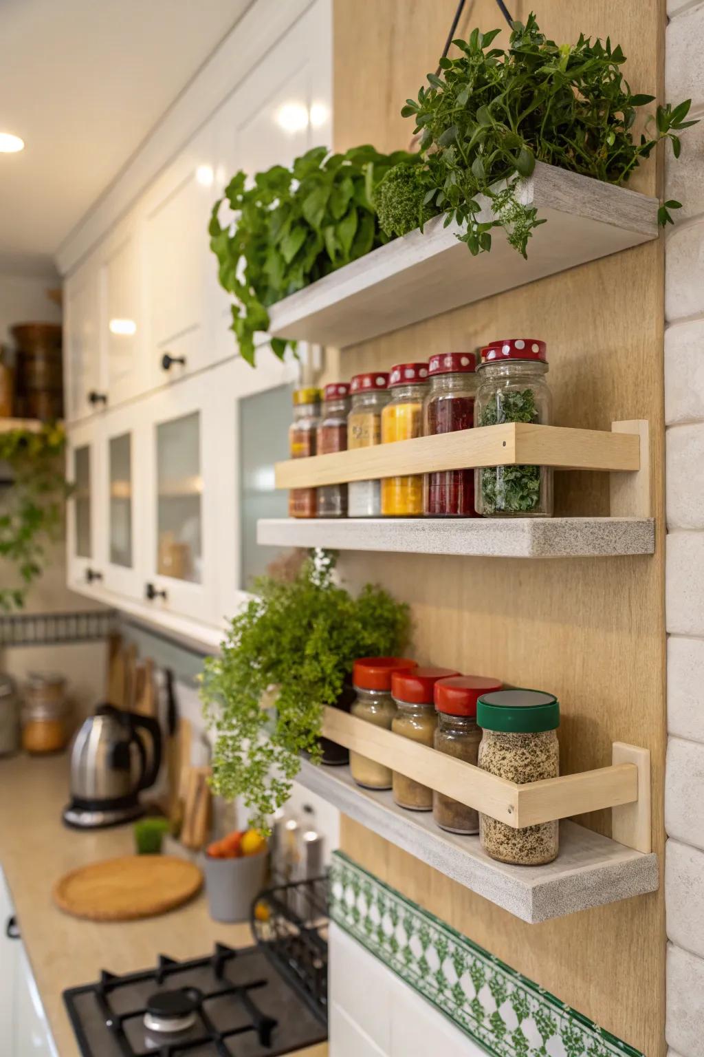 Floating shelves add storage and style to the kitchen.