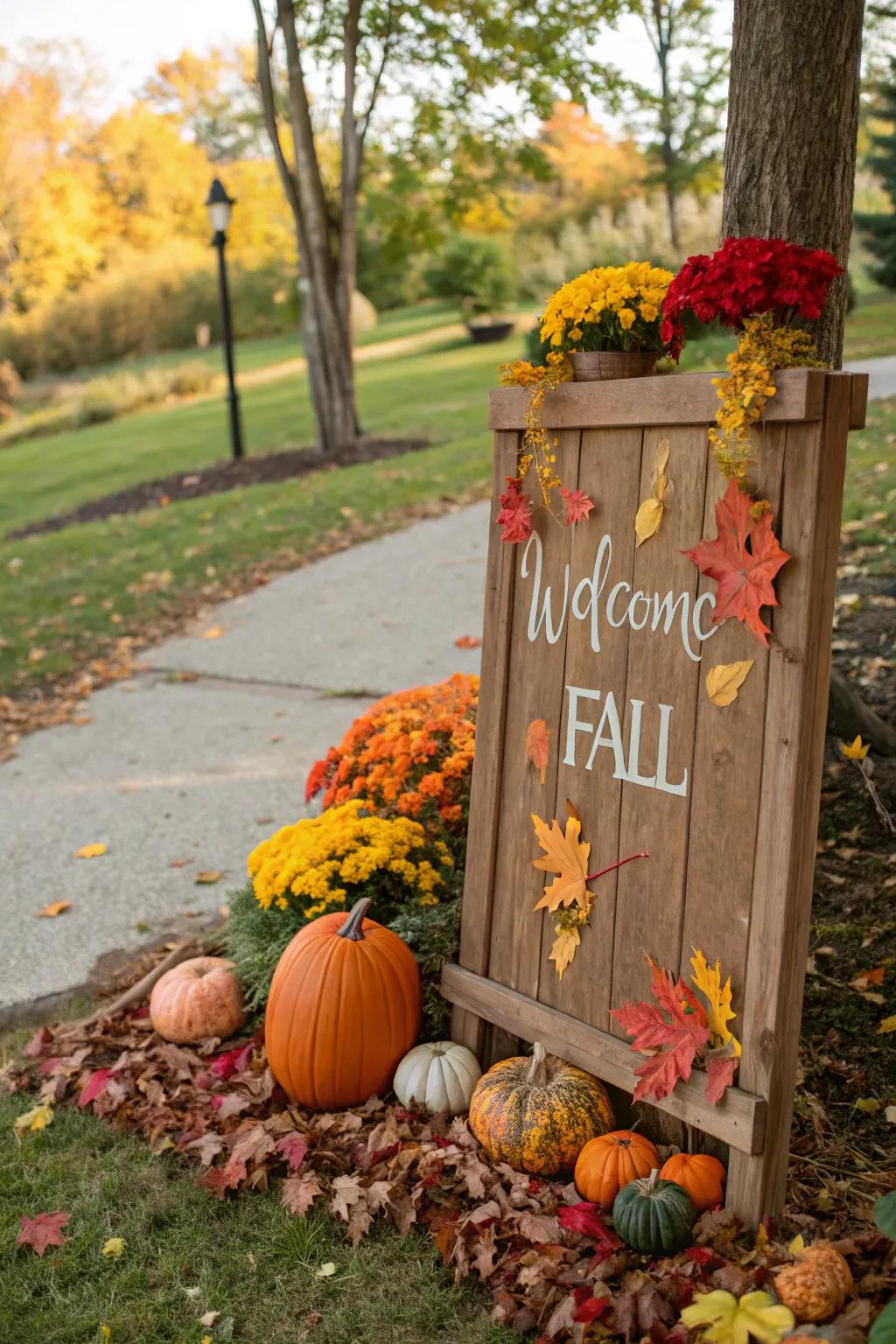 A handcrafted sign welcomes visitors with a seasonal message.