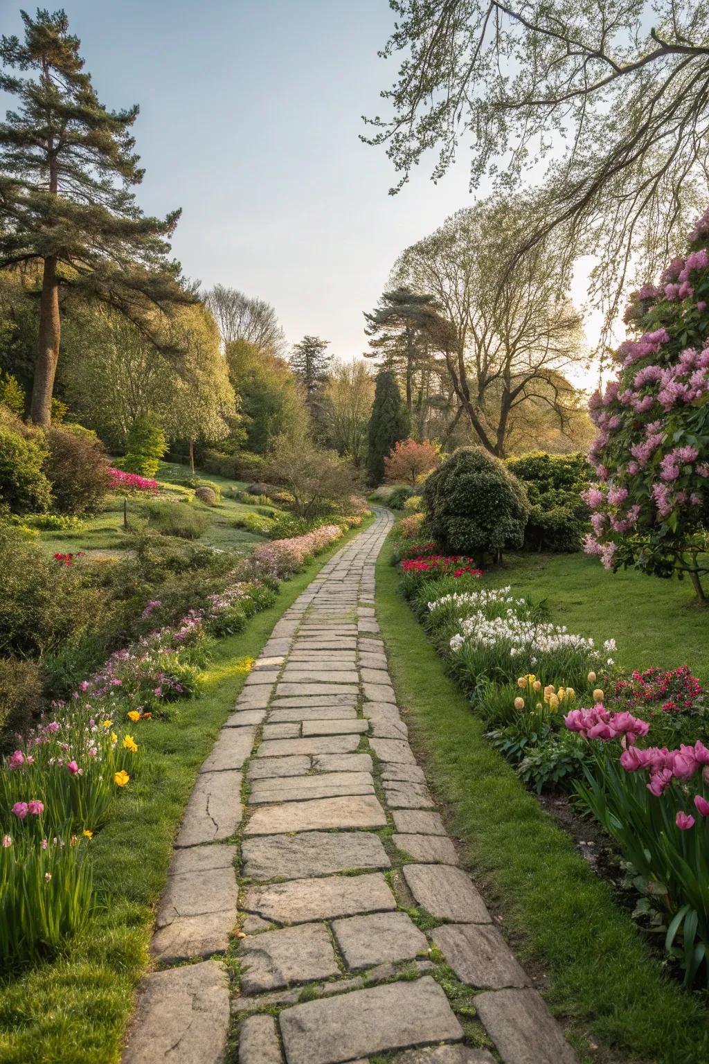 Stone pathways lead you through the garden, inviting exploration and discovery.