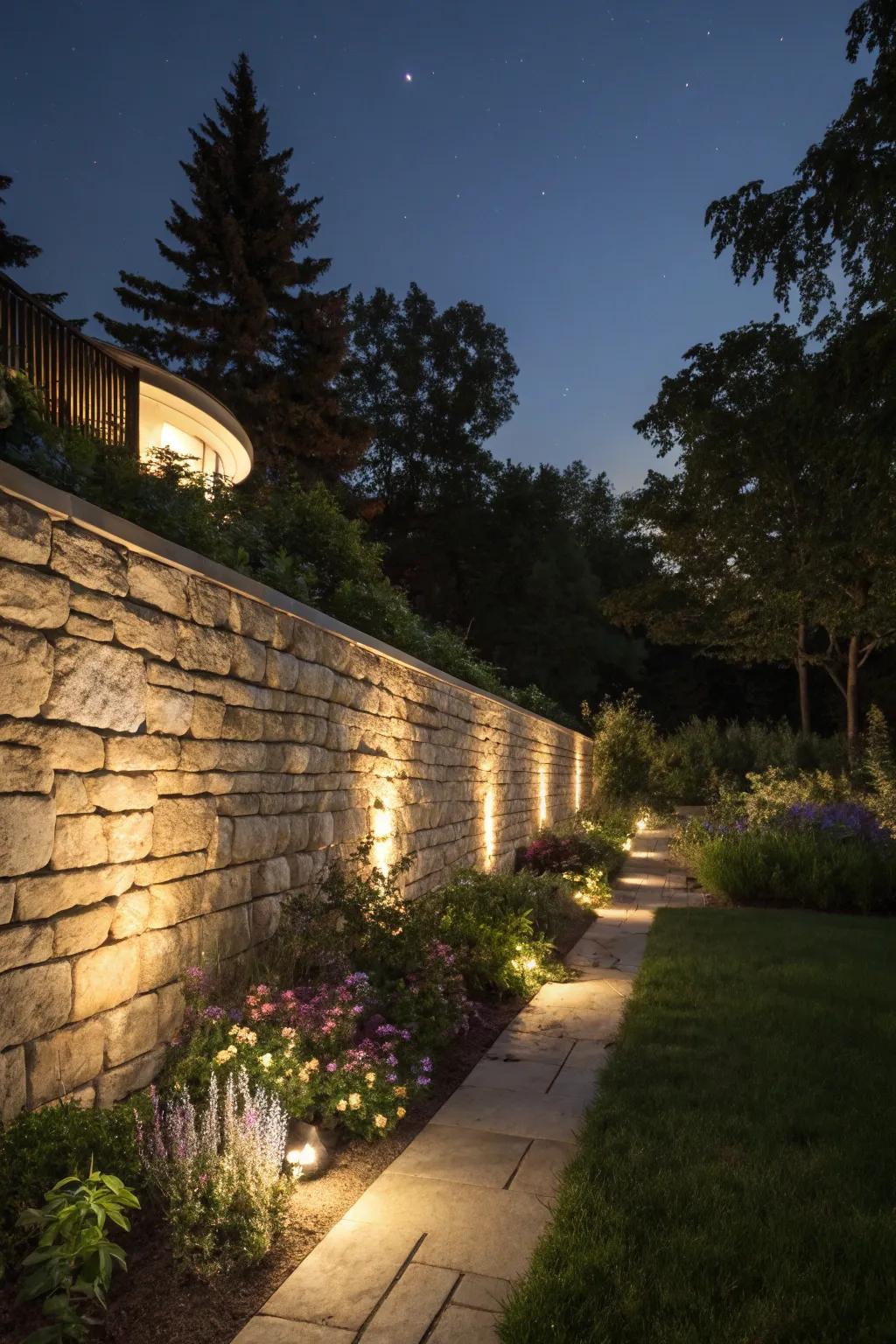 Lighting enhances the beauty and safety of stone walls after dark.