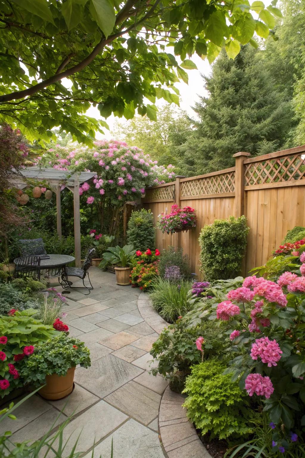 Lush landscaping enhances the natural charm of a patio.