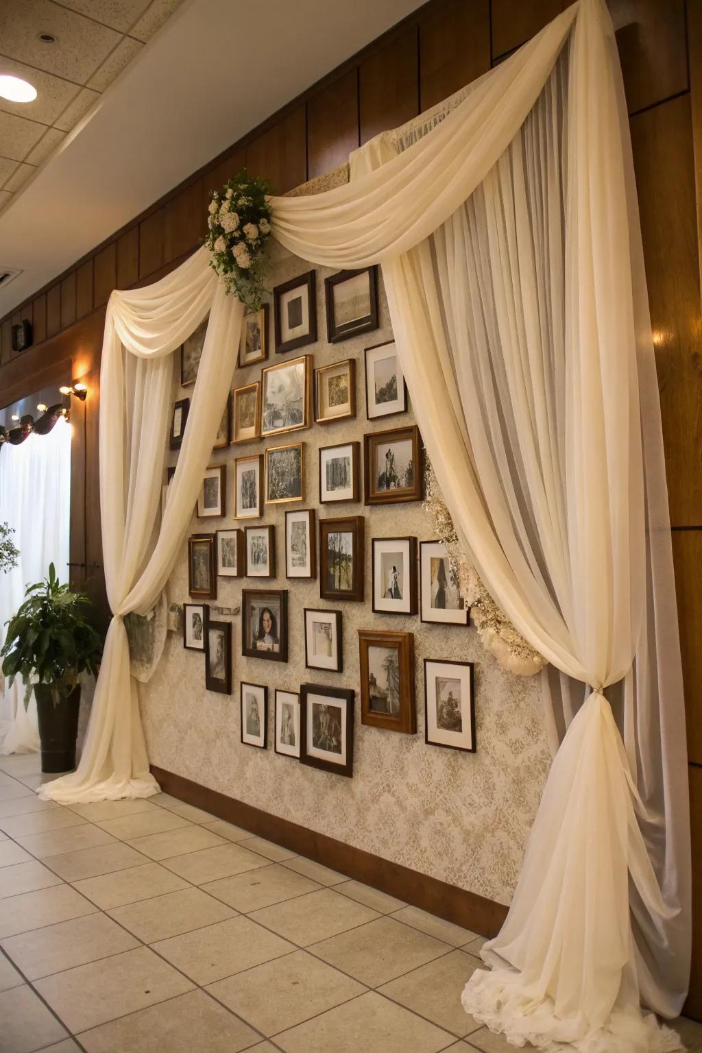 Fabric swags add elegance and depth to your photo wall display.