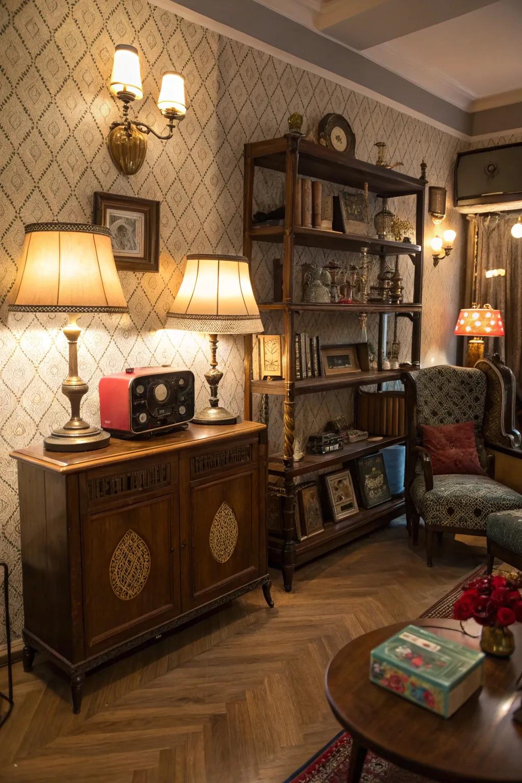 A vintage-styled corner featuring retro decor components.