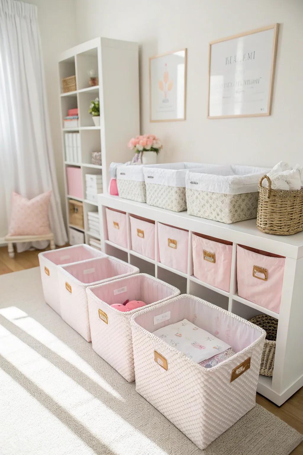 Chic storage solutions maintain a stylish and organized nursery.
