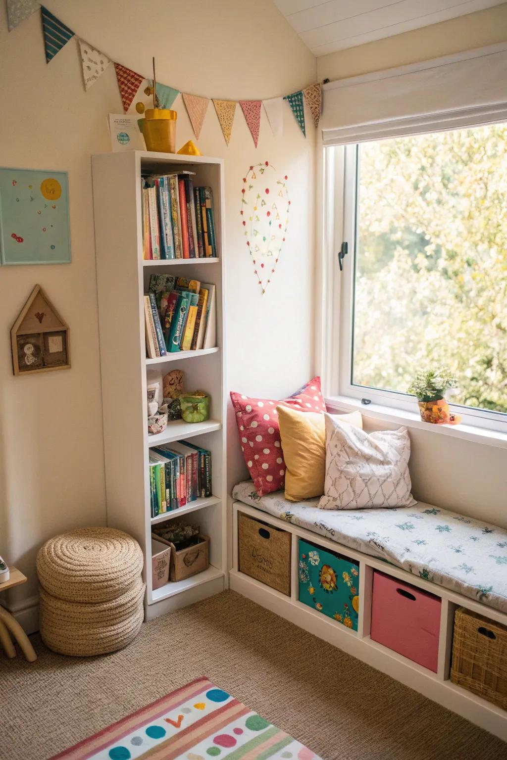 A cozy reading nook with a small bookshelf and cushions, perfect for story time.