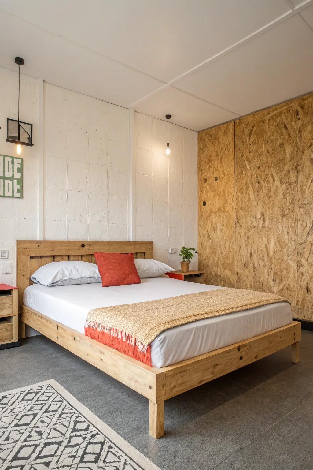 A plywood bed frame adds elegance to a minimalist bedroom.