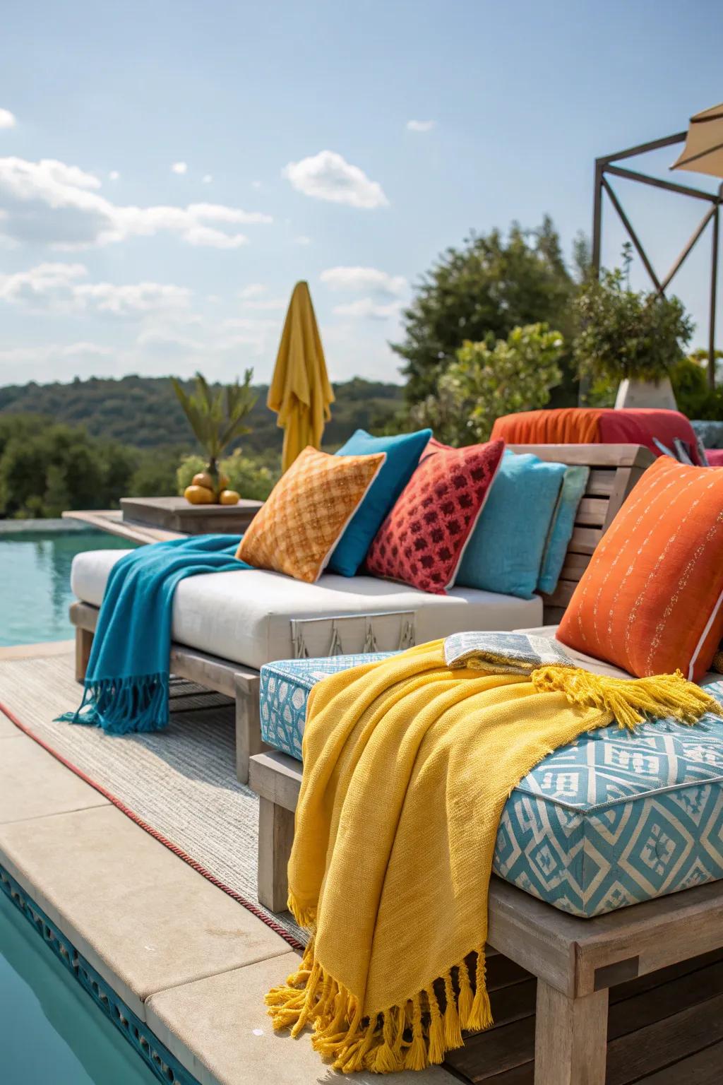 Vibrant cushions and throws bring life and comfort to your pool area.