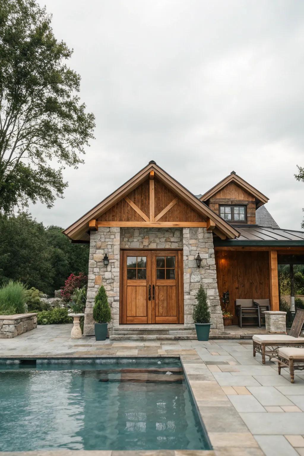 A rustic yet elegant exterior design using wood and stone.