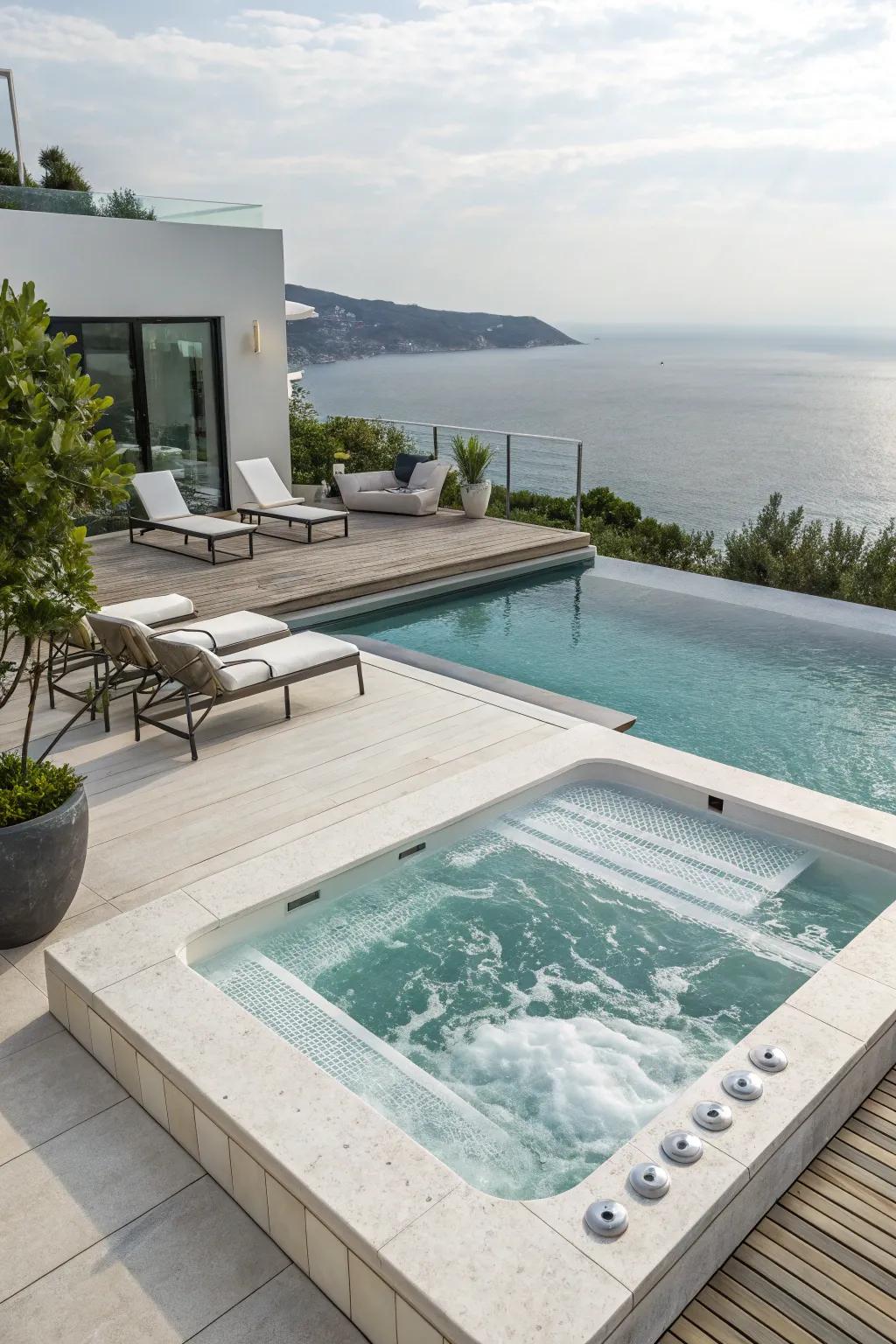 Refined minimalist design radiates sleekness and elegance for a modern pool and jacuzzi.