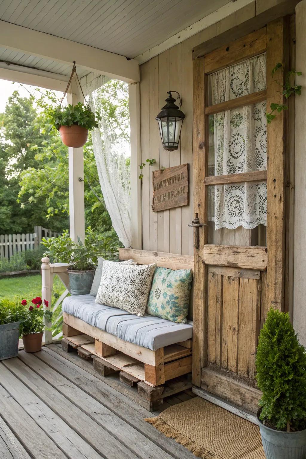 A wooden pallet bench adds rustic charm to a porch.