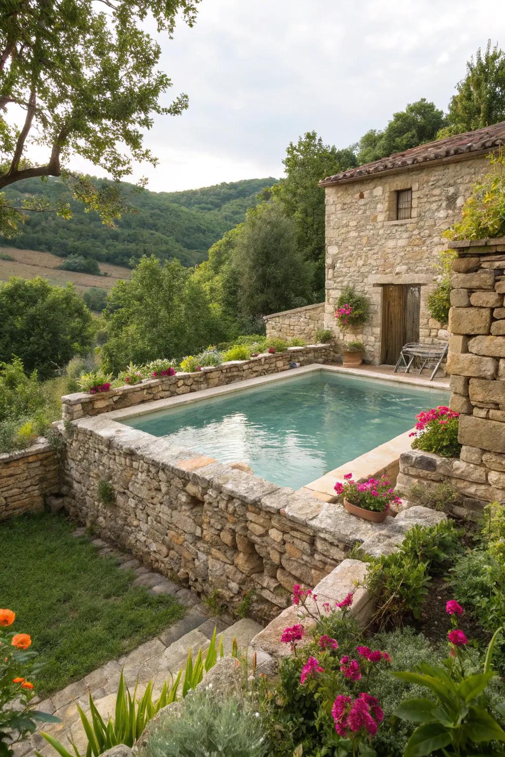 Rustic stone walls bring durability and elegance to pool privacy.