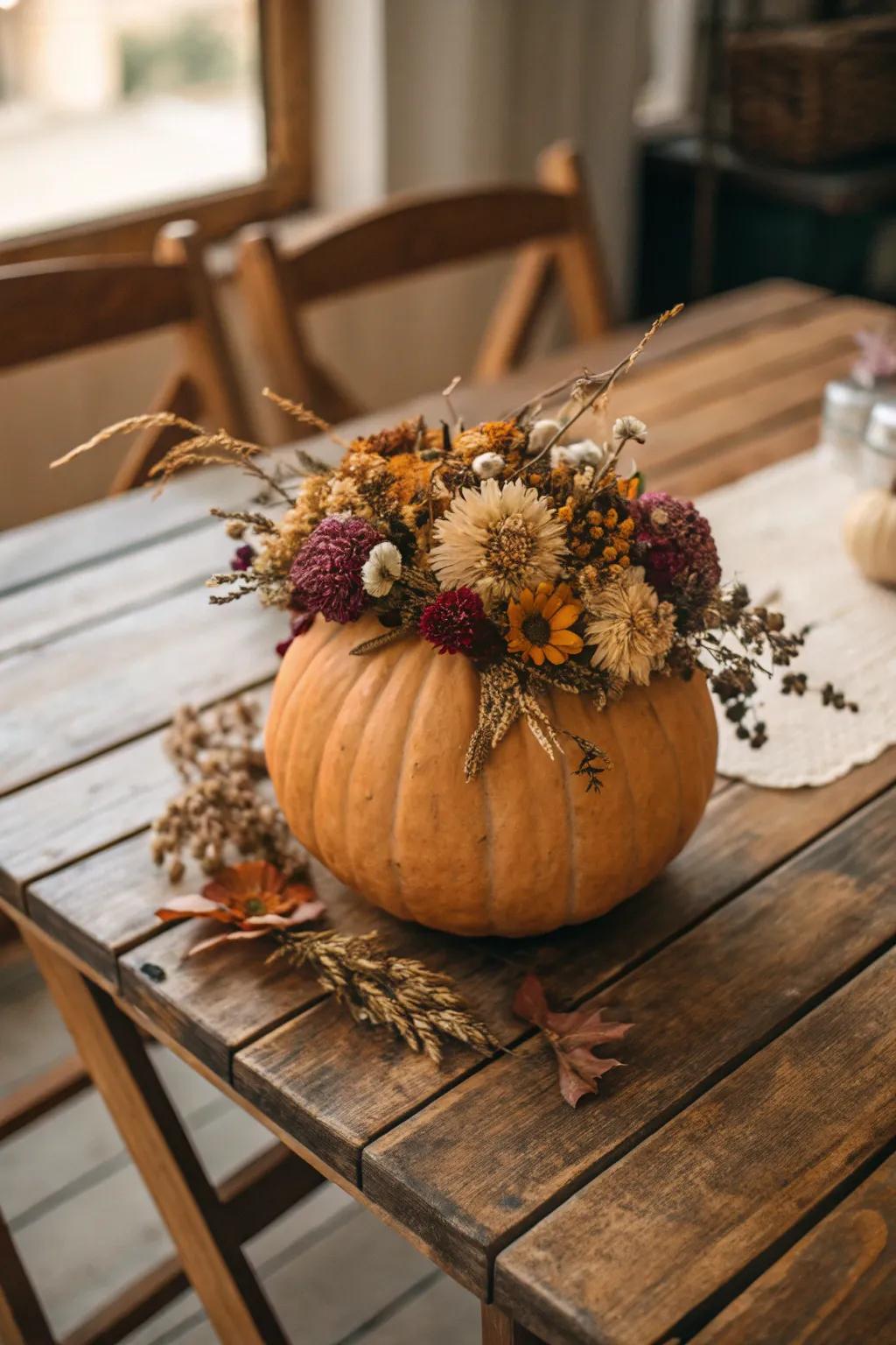 Dried flowers add timeless elegance to your pumpkin decor.