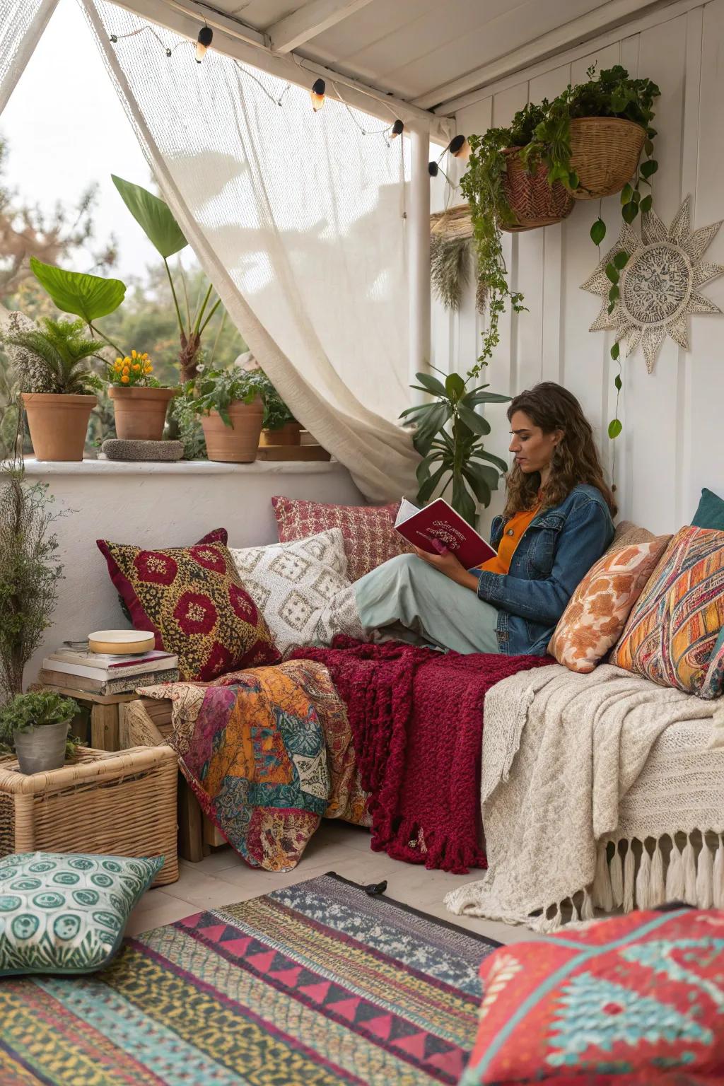 A bohemian reading nook bursting with color and character.