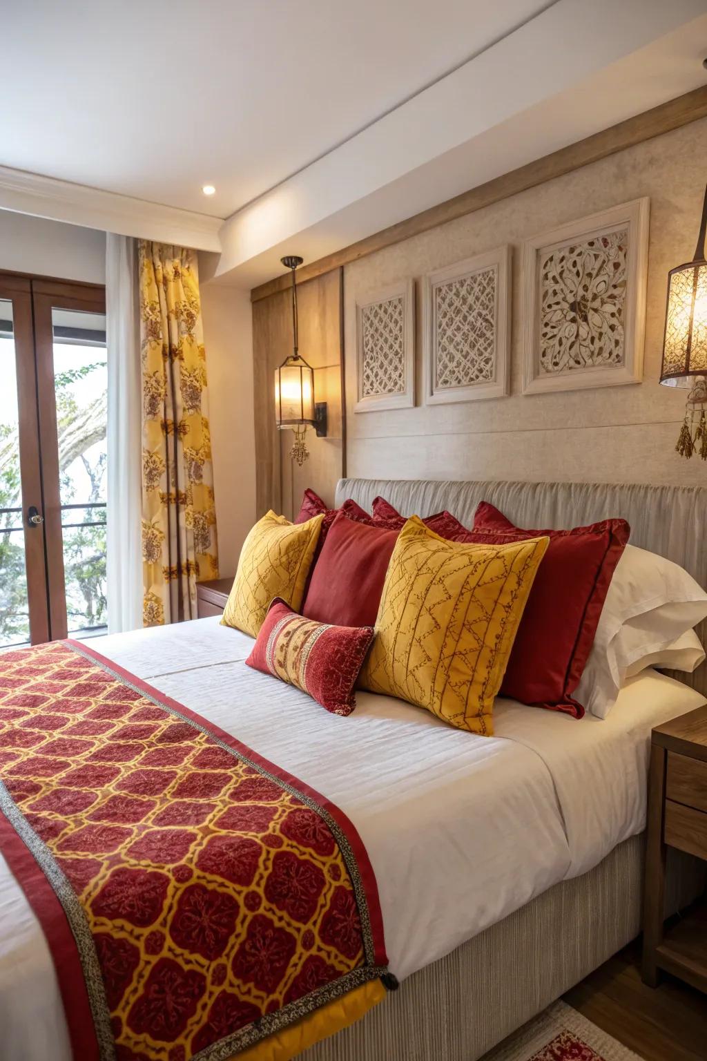 Enhancing cushions in scarlet and gold add a lively touch to this bedroom.