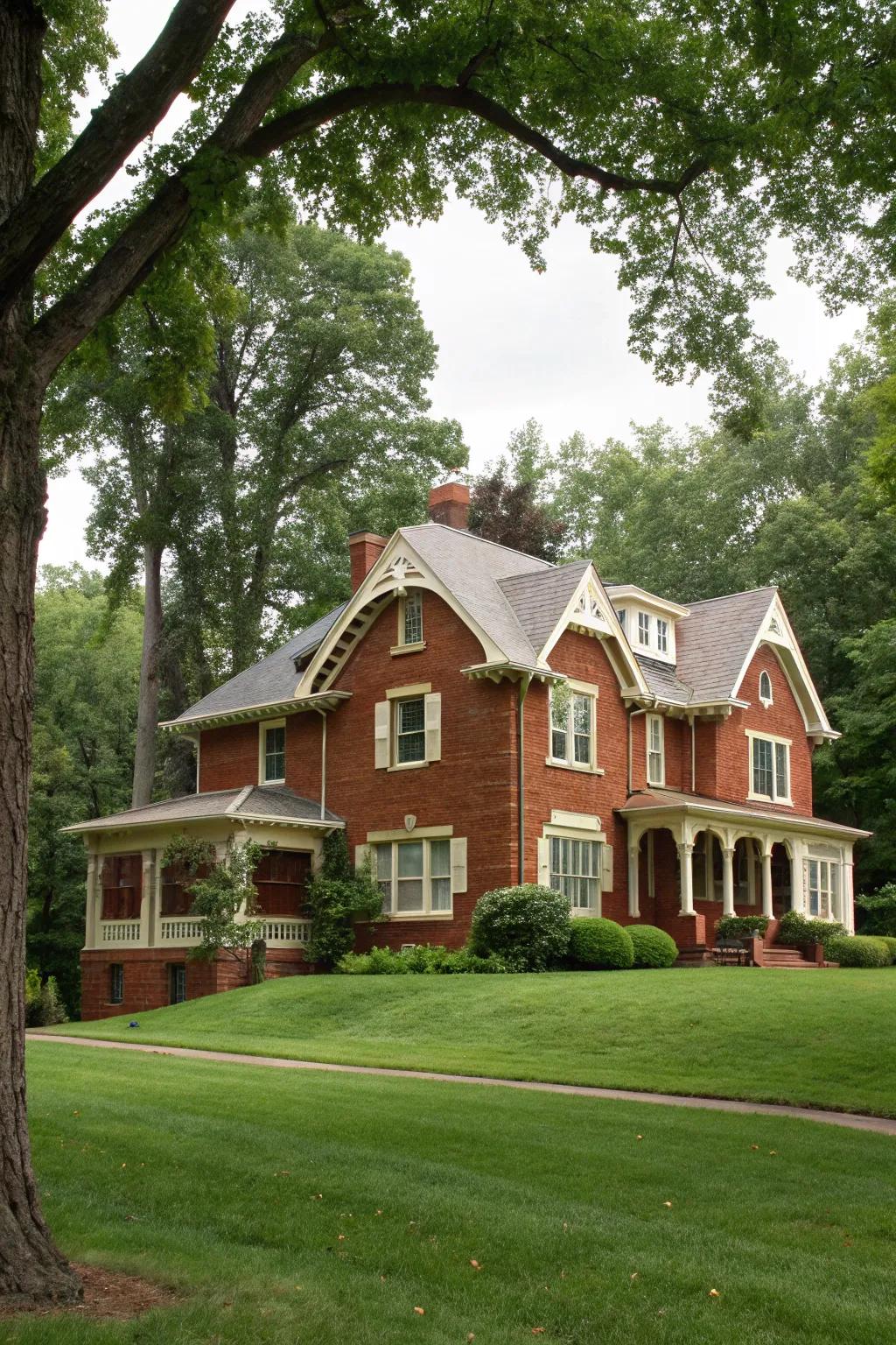 Cream trim softens the boldness of red brick, crafting a cozy exterior.