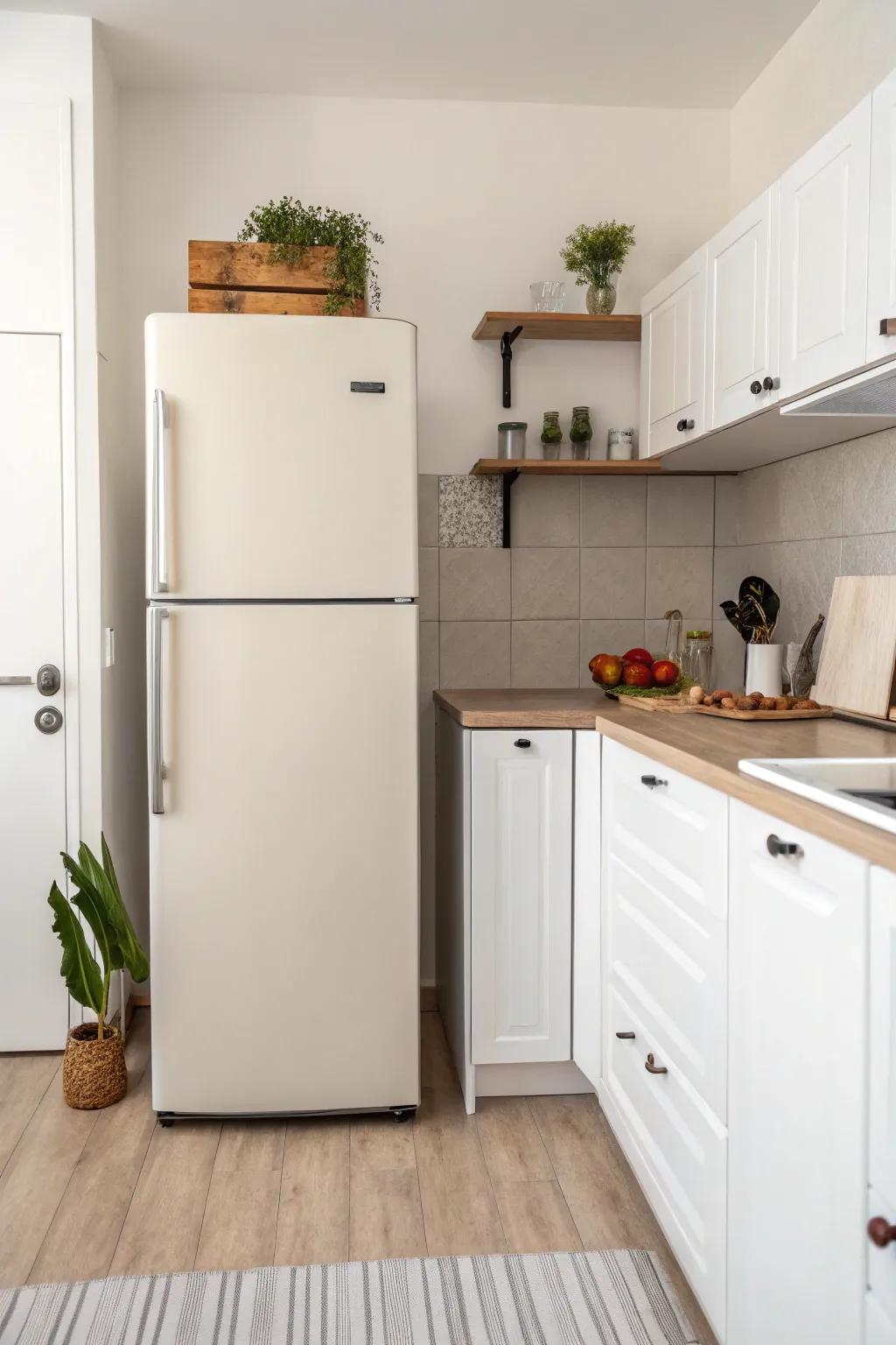 A minimalist kitchen with a sleek, neutral-colored refrigerator that complements the open space.