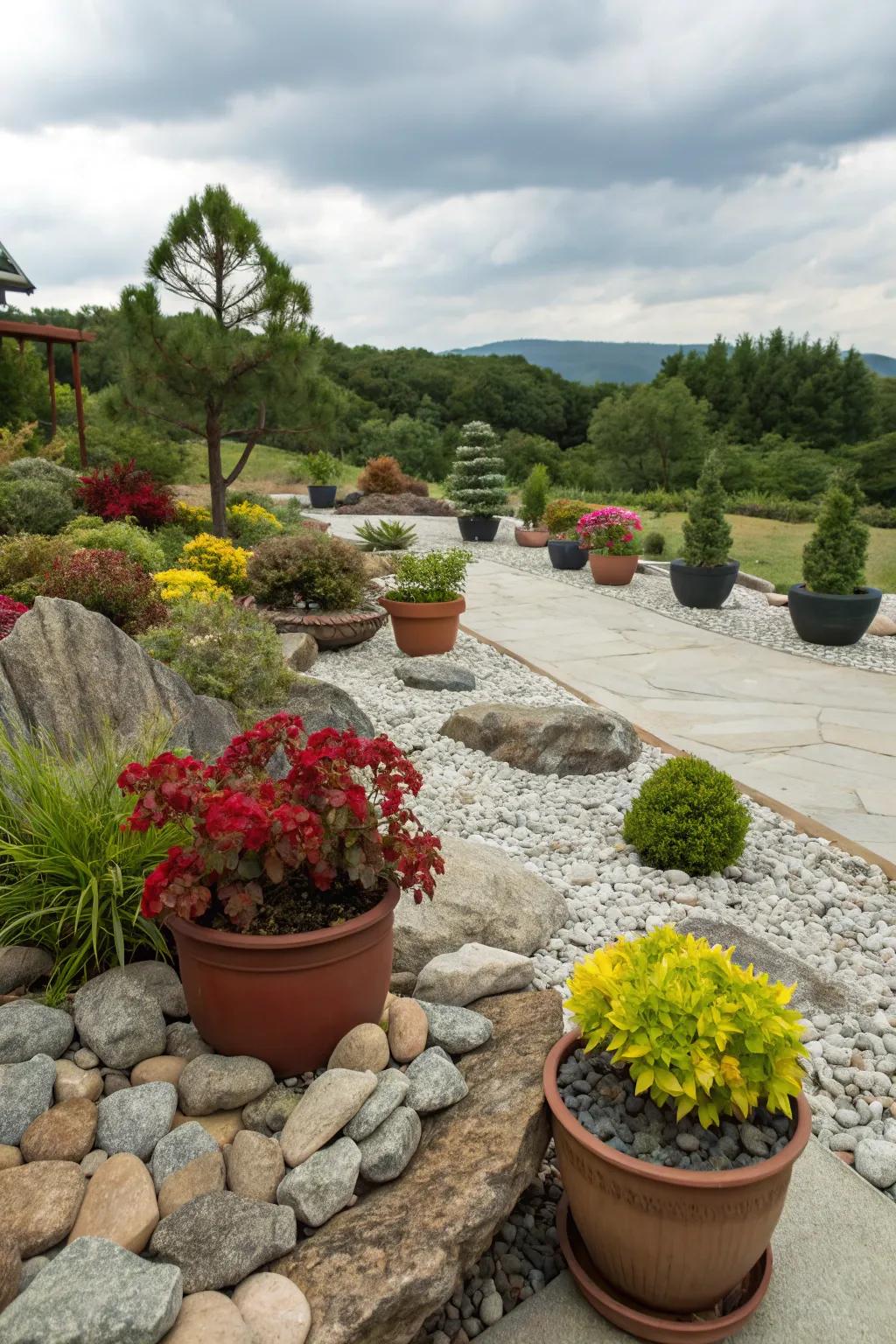 Potted plants add flexibility and seasonal variety to a rock garden.