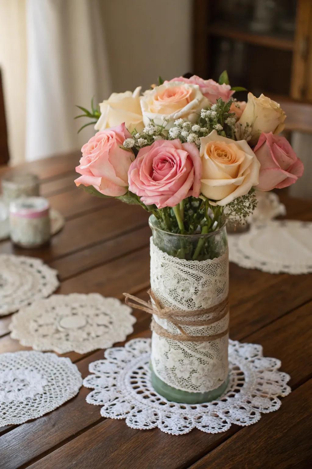 Vintage Charm with Lace and Pastel Roses