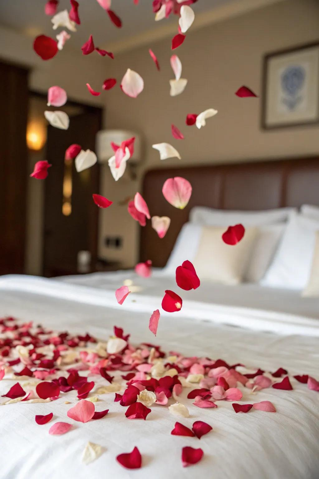 Rose petals creating a floating effect over the bed.