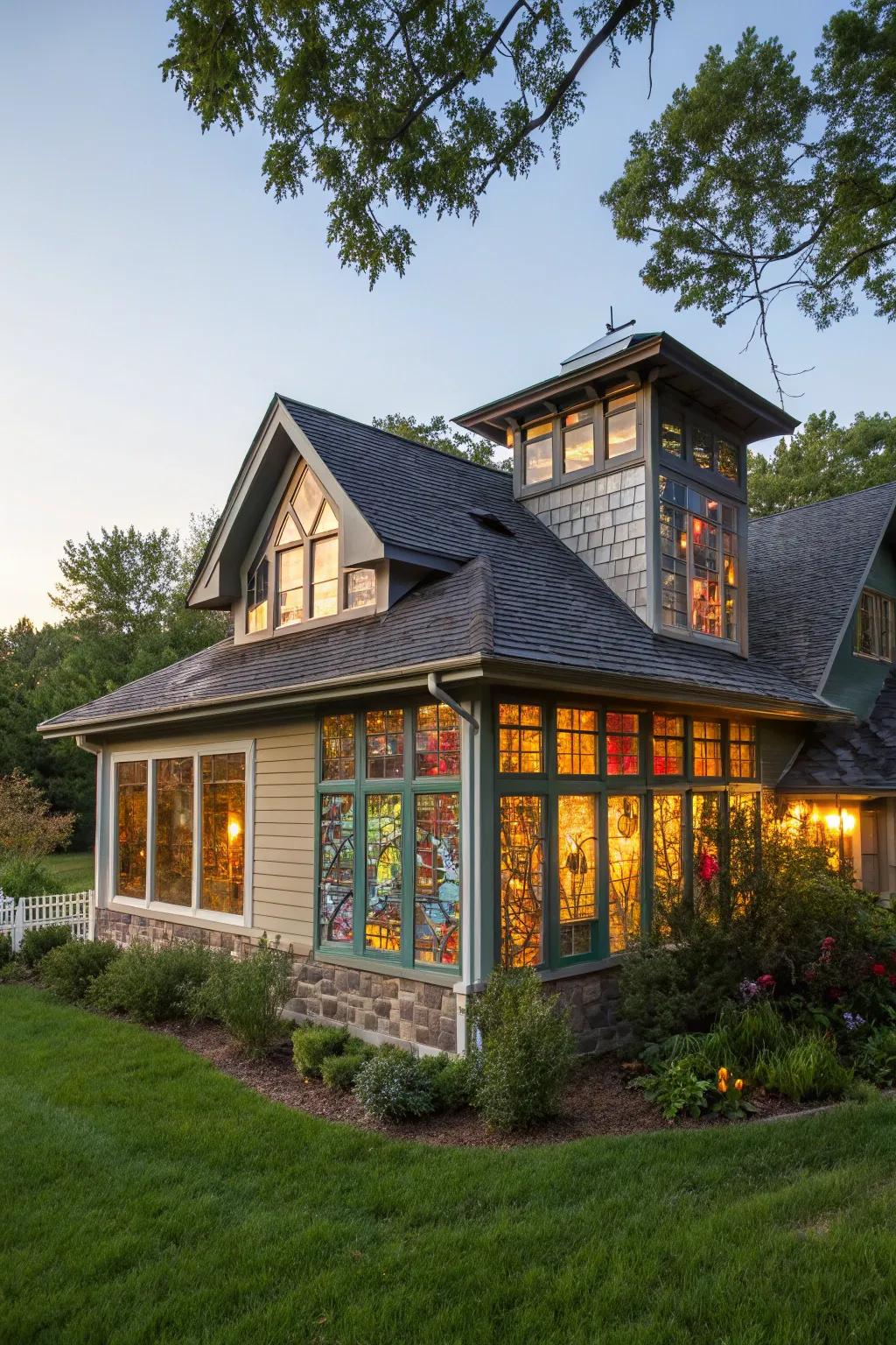 Home with a shed dormer adorned with stained glass.