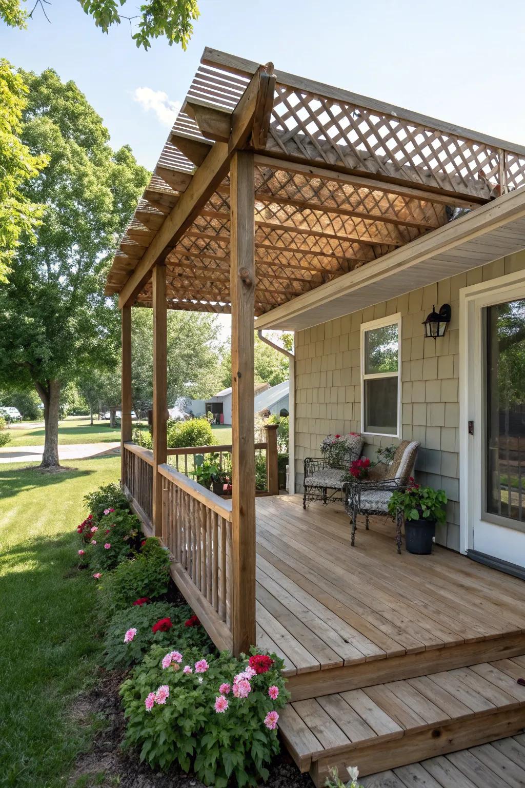 A covered porch offers a versatile space for all-weather use.