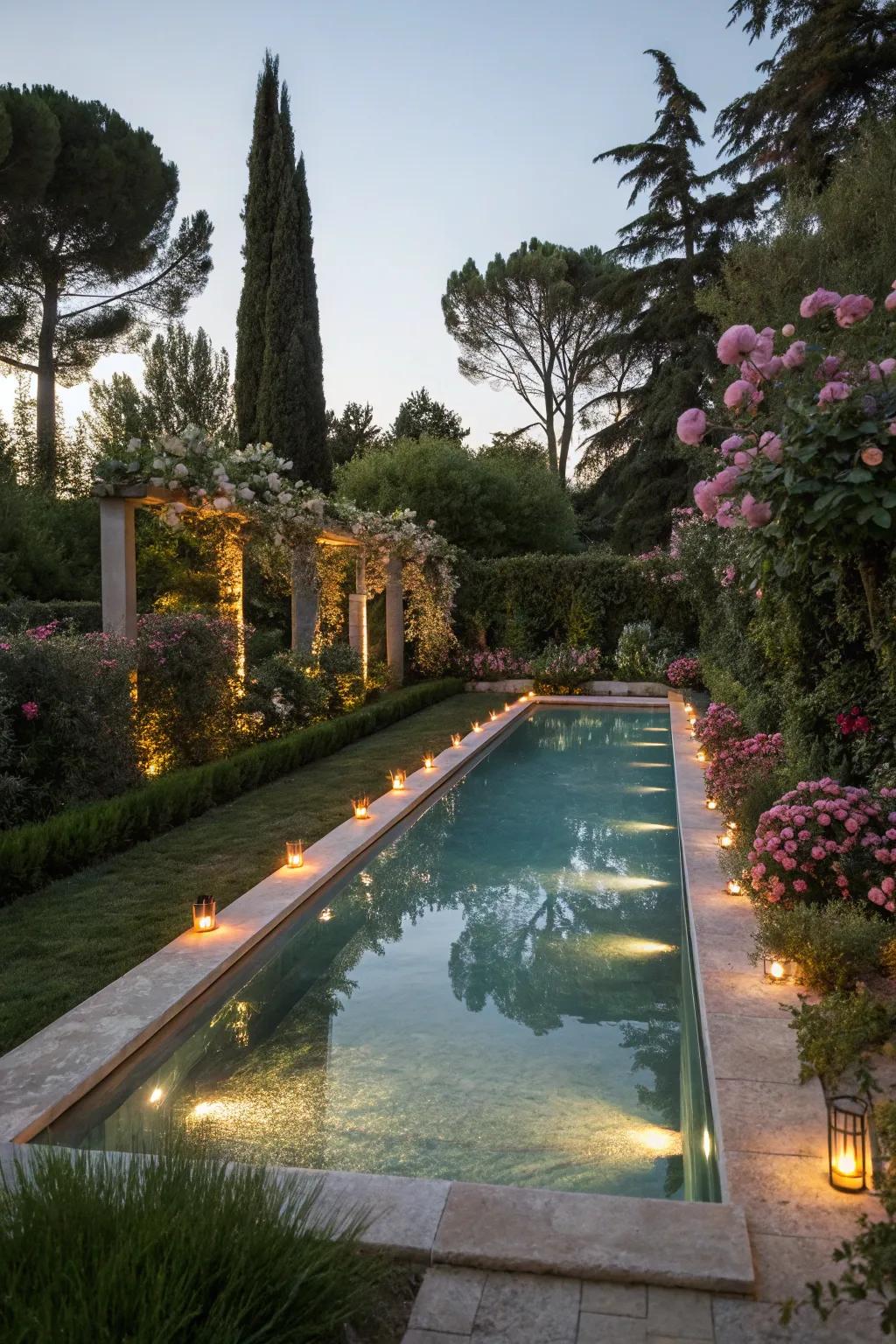 Ambient lighting transforms the poolside into a magical evening retreat.