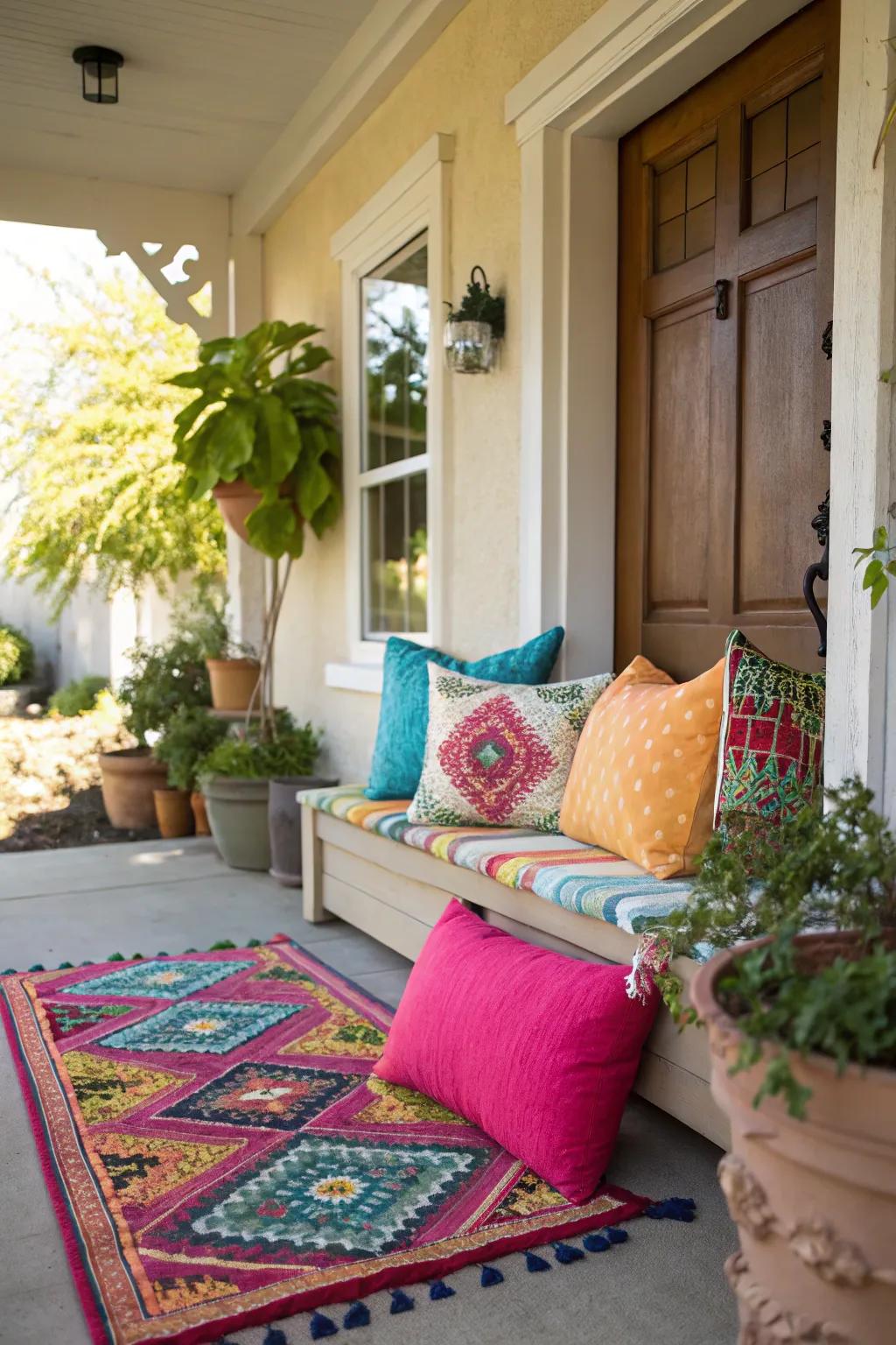 Colorful accents like pillows and rugs add vibrancy to a small porch.