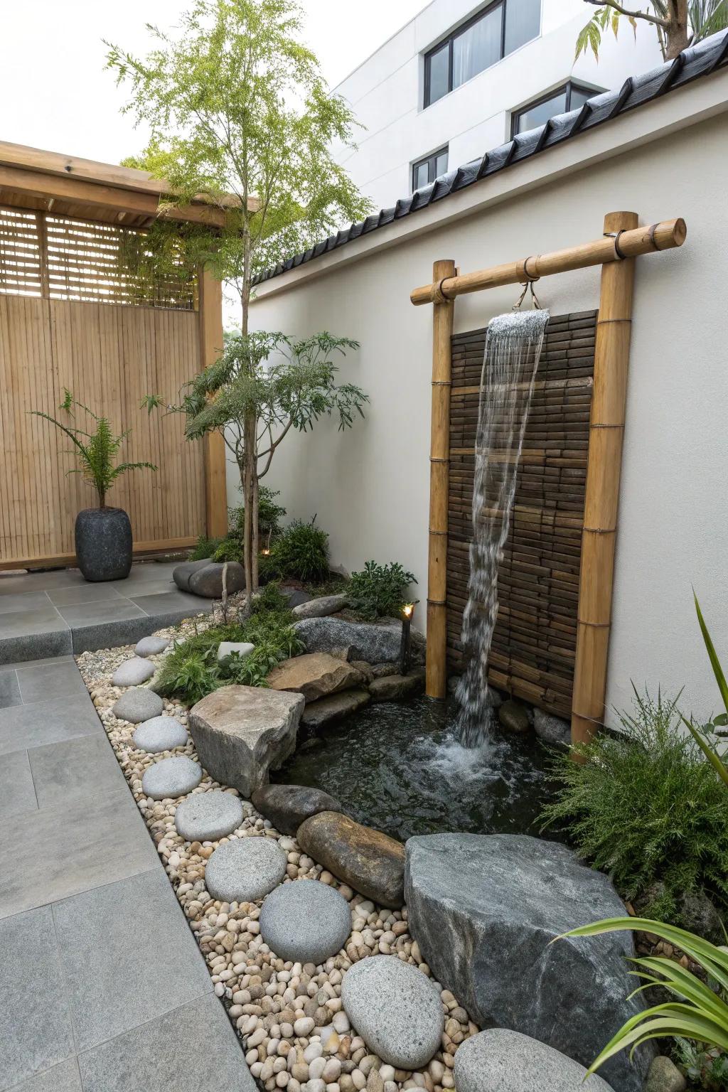 A Zen garden waterfall creates a peaceful and meditative backyard.