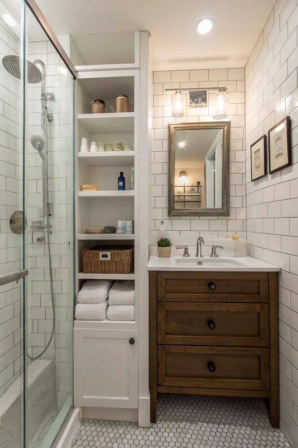 Efficient use of space with recessed shelving in a small bathroom.