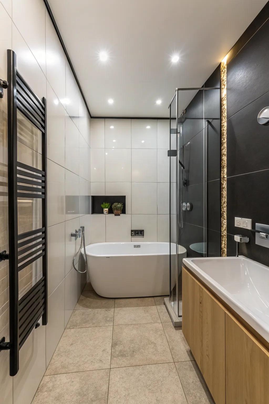 Glossy panels in a small bathroom, enhancing brightness and a modern aesthetic.