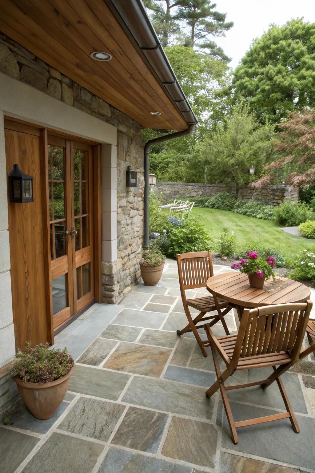 Mixing materials adds texture and depth to a small patio.