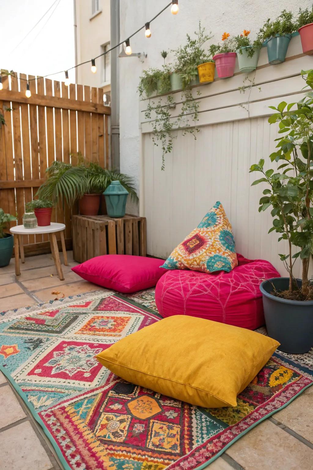 A small patio enlivened with colorful accents and textiles.