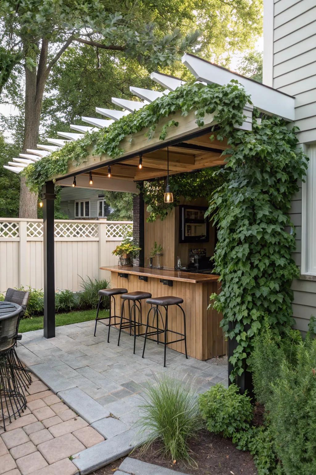 A pergola with a built-in bar creates a fun, social space on a small patio.