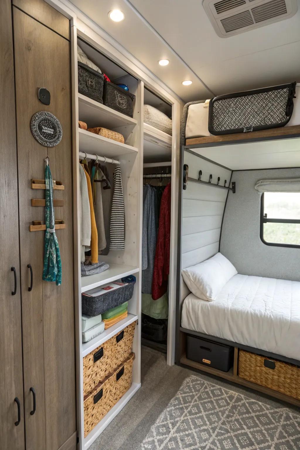 Maximize storage by utilizing vertical space in your RV bedroom.