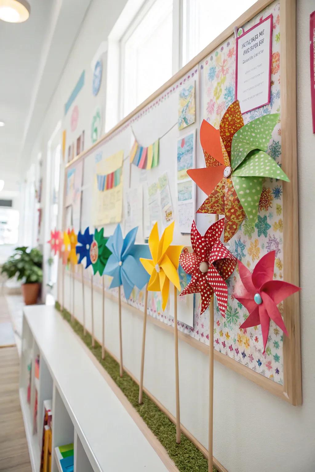 A lively bulletin board adorned with colorful pinwheels.